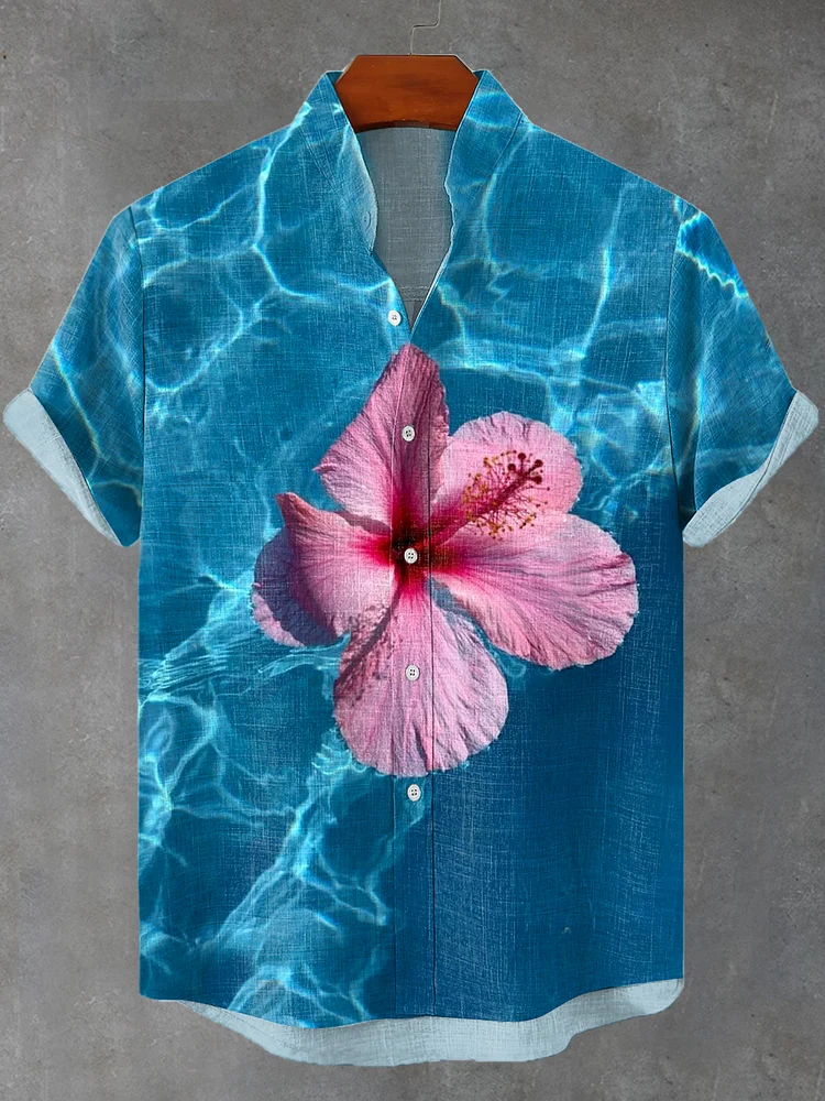 Men's Hawaiian Hibiscus Flower Ocean Ripple Art Print Linen Blend Shirt