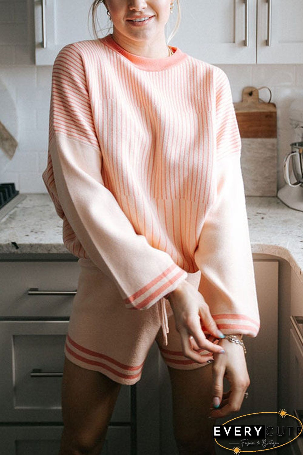 Gradient Stripe Puff Sleeve Sweater Shorts Set
