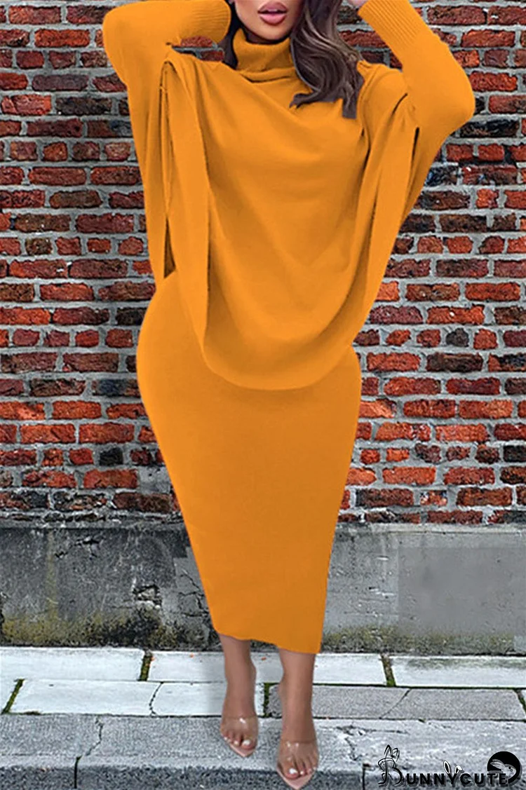 Orange Fashion Casual Solid Split Joint Slit Asymmetrical Turtleneck Long Sleeve Two Pieces