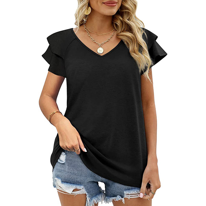 2022 New Fashion Summer Women T-shirts Elegant Solid Color Tee Shirt Ladies Loose Casual V-Neck Short Sleeve Tops