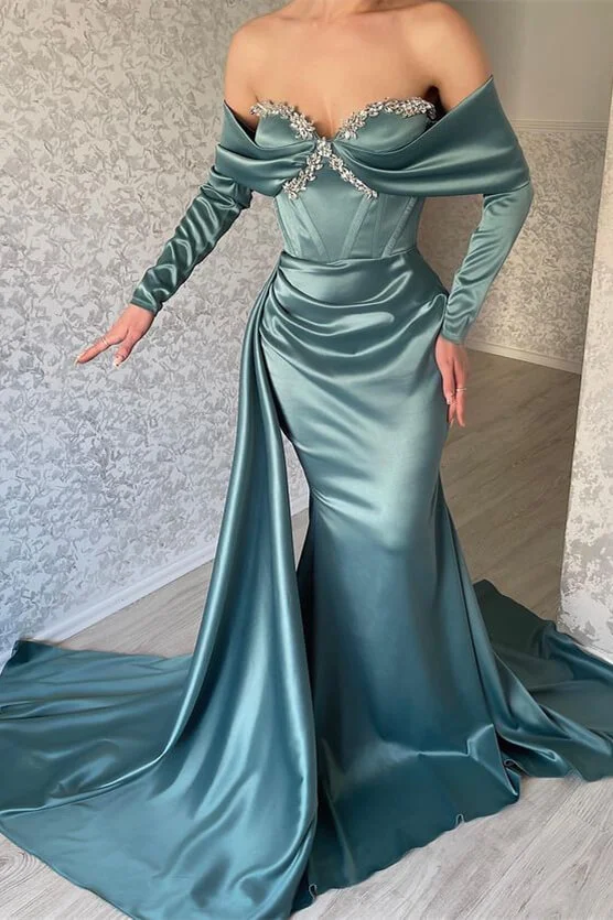Bellasprom Long Sleeves Off-the-Shoulder Prom Dress Mermaid Ruffles With Beads