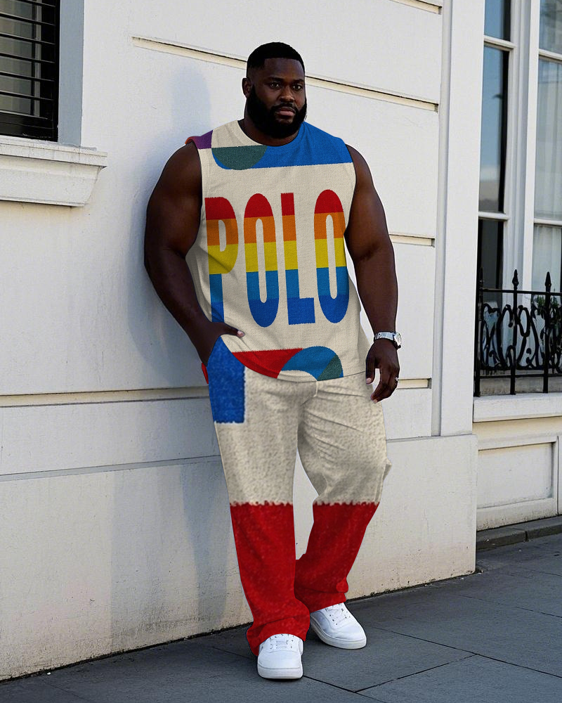 Big Men's Sporty Vibrant Letter POLO Splicing Color Design Outdoor Vest and Pants Set
