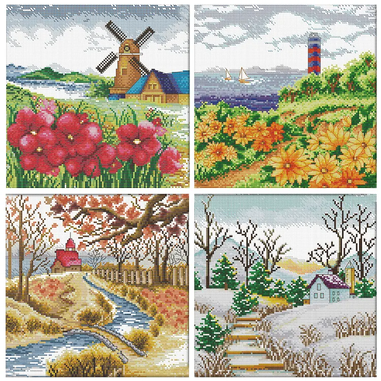【Joy Sunday Brand】Four Seasons 29*29cm 14CT Stamped Canvas Cross Stitch(half stitch+backstitch) gbfke