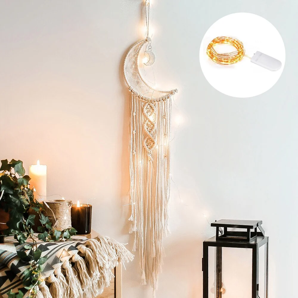 Moon Star Macrame Dream Catcher Wall Hanging Boho Room Decor Kids Girls Home Decoration With Led Light Gifts Dropshipping