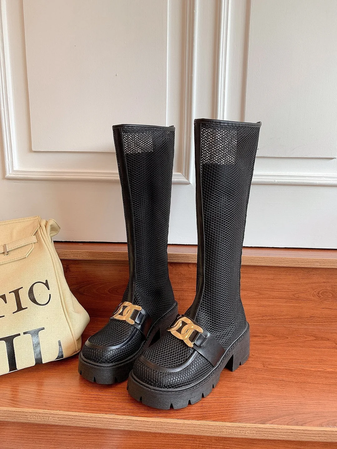 High Knee Cool Boots Sandals Women 2021 New 6.5cm Hihg Heels Rome Mesh Breathable Zipper Sandals Ladies Paltform Sandals Shoes