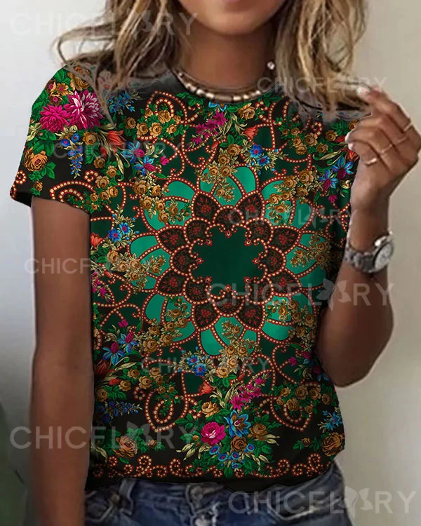 Women's Mandala Floral Pattern Crew Neck T-shirt