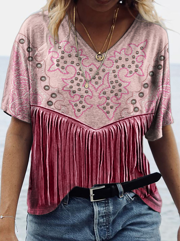  Western Pink Embroidery Tassels V Neck T Shirt Westsshops