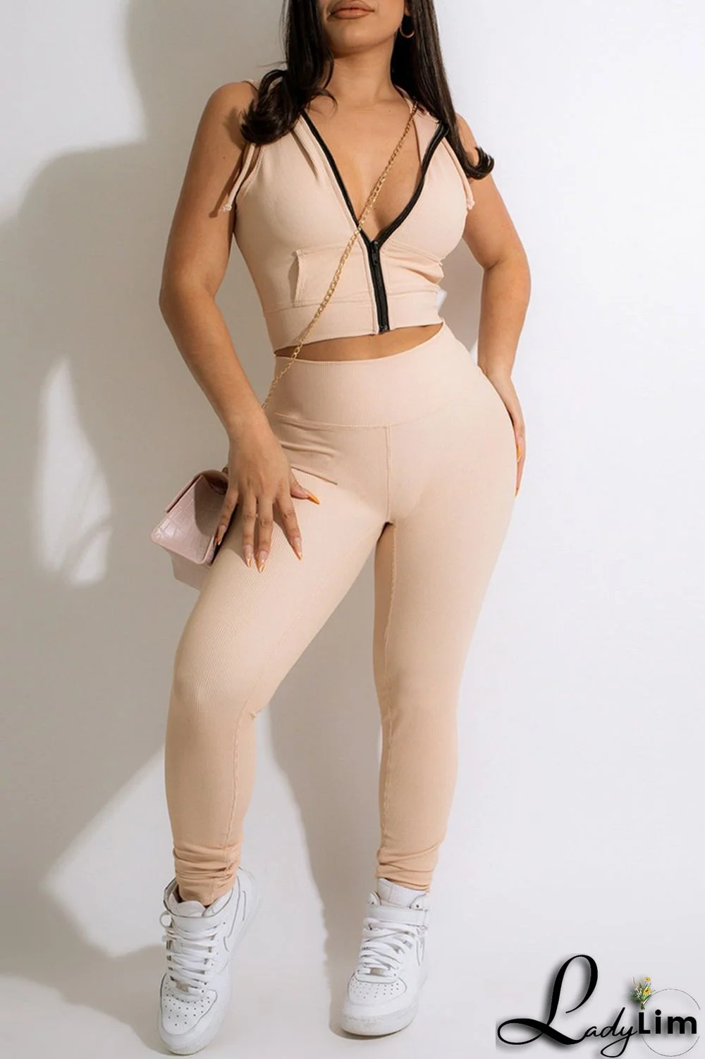 Pink Fashion Casual Solid Basic Hooded Collar Sleeveless Two Pieces