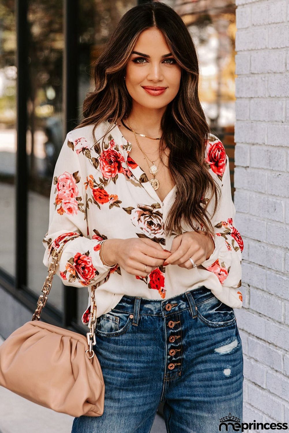 Beige Floral Print V Neck Button Down Blouse