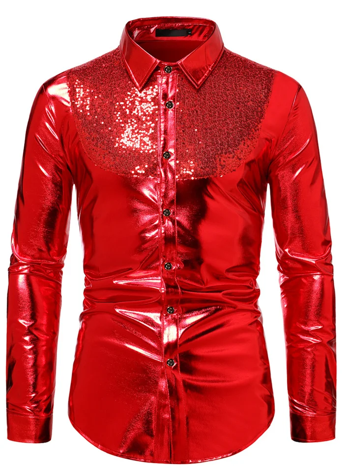 Men's Tuxedo Shirts Silver Black Red Long Sleeve Color Block Turndown Spring & Fall Party Holiday Clothing Apparel Sequins-Cosfine
