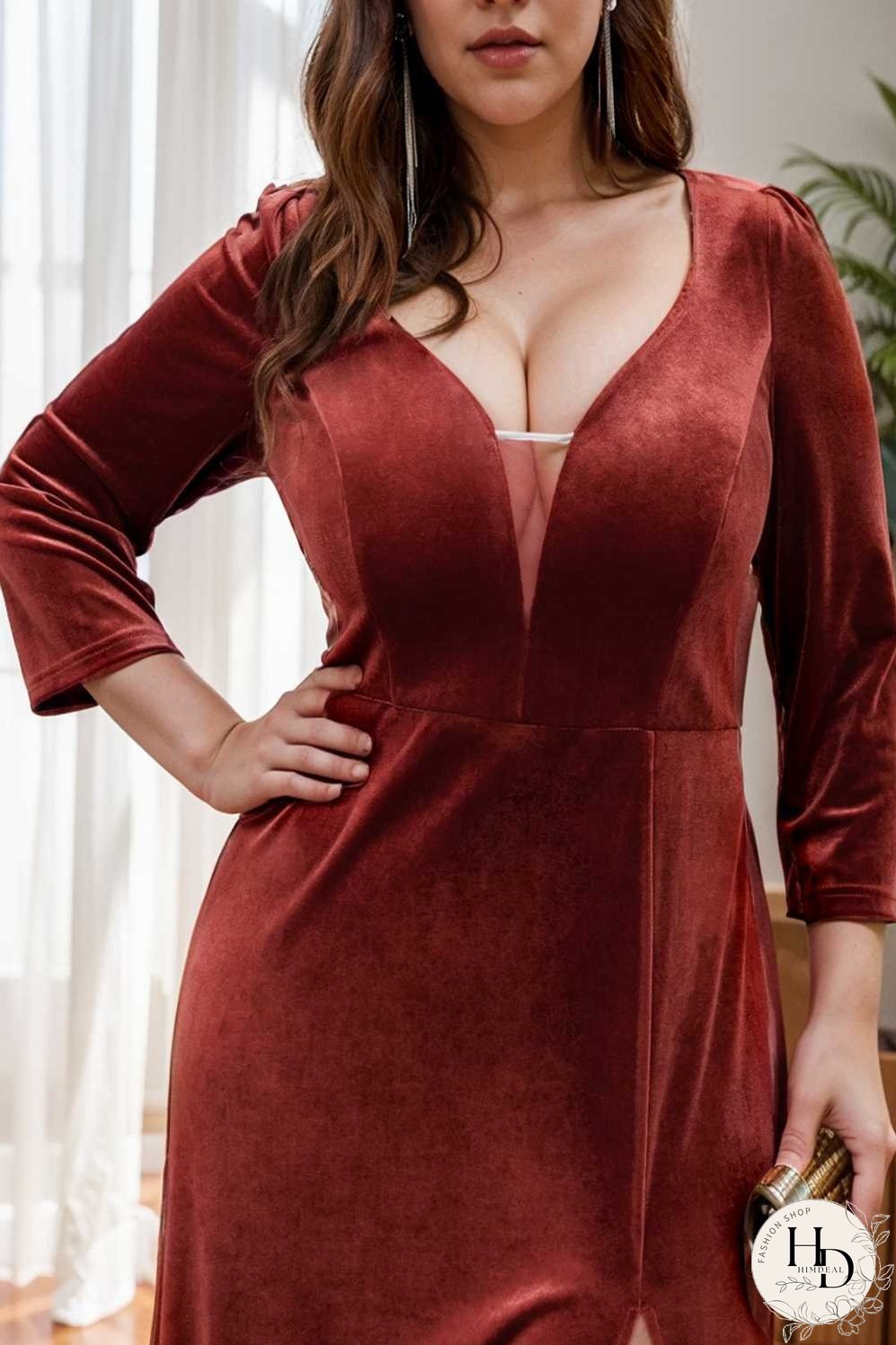 velvet 3 4 length sleeve illusion v neck front slit evening dress