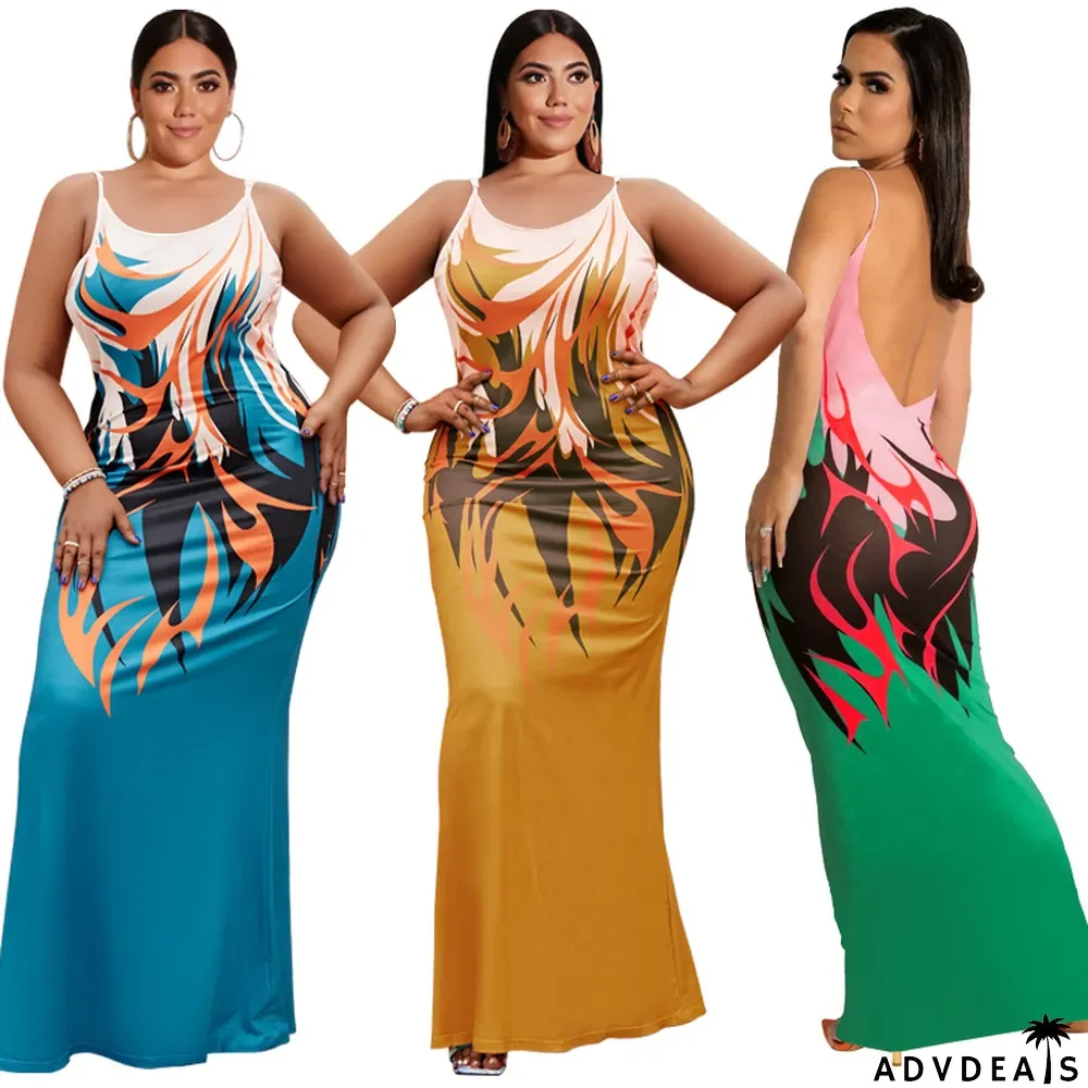 Plus Size Printed Backless Sleeveless Maxi Dress