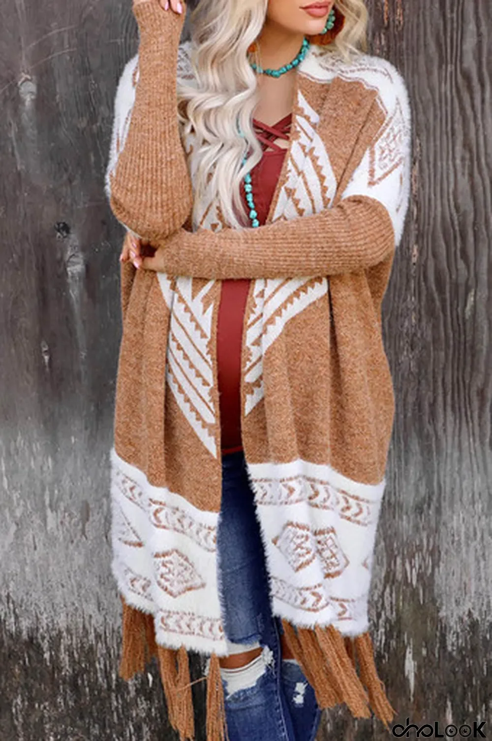 Brown Western Furry Knit Tassel Hem Cardigan