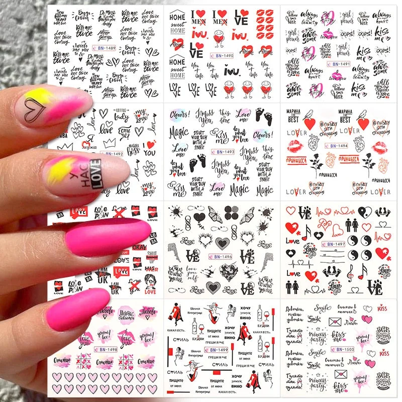 12pcs Valentines Manicures Love Letter Flower Transfer Stickers For Nails Inscriptions Nail Art Decoration Water Sliders Tips