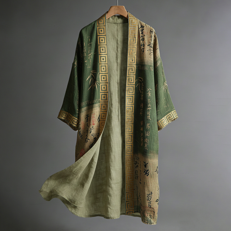 Retro Japanese Calligraphy And Bamboo Leaf Art Pattern Casual Linen Blend Kimono  artssus