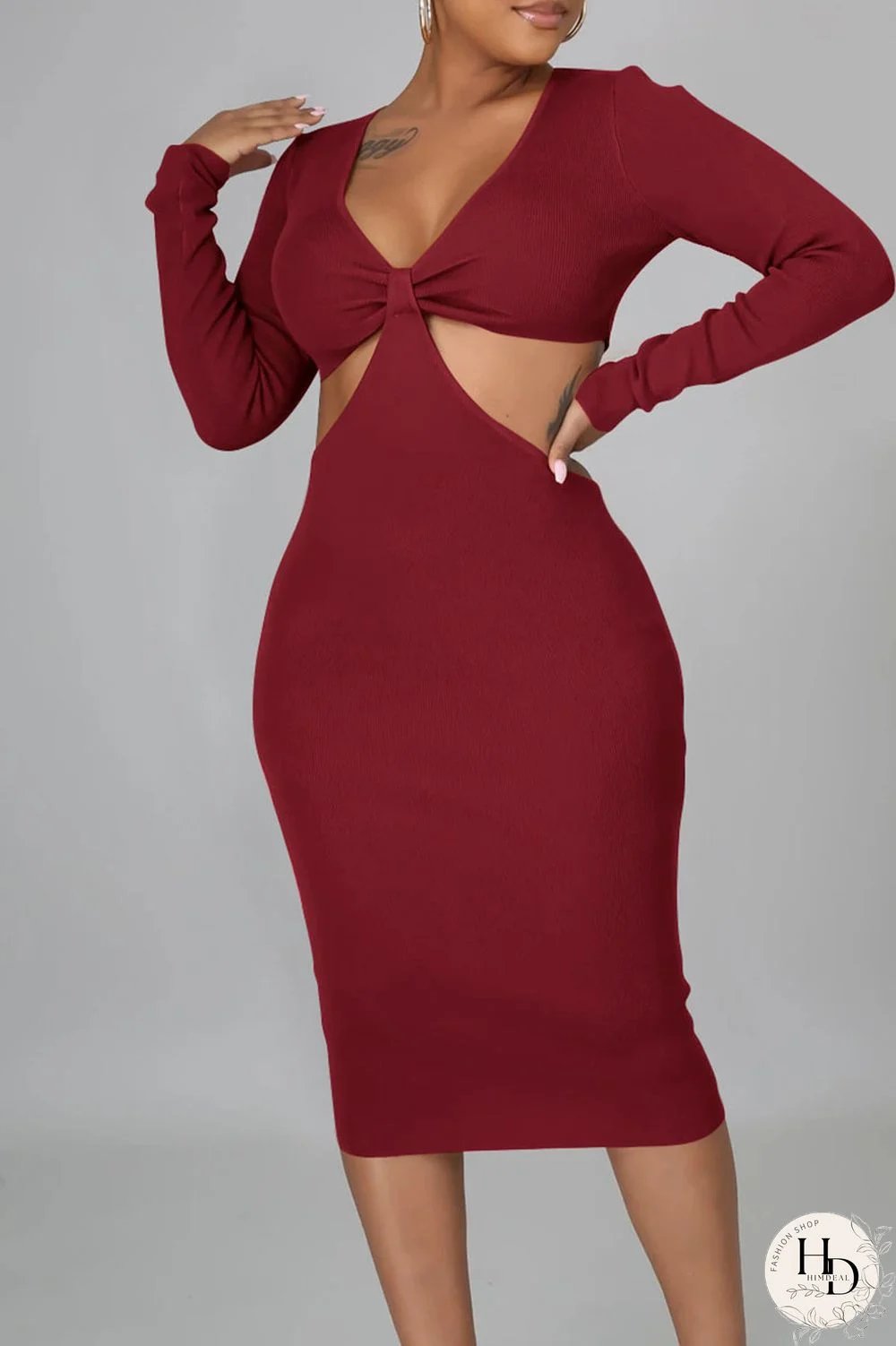 Burgundy Sexy Solid Hollowed Out Split Joint V Neck Pencil Skirt Dresses