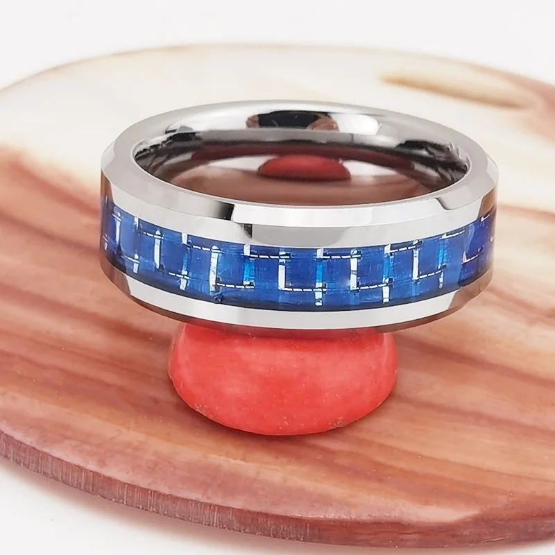 6MM 8MM Mens Women Blue Carbon Fiber Tungsten Rings Silver Plated Couple Wedding Brushed Finish