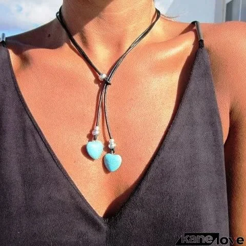 Women Vintage Bohemian Double Turquoise Heart Pendant Necklace