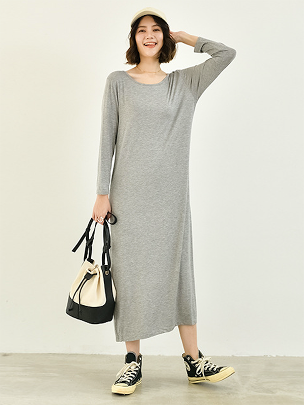 Simple Long Sleeves Loose Solid Color Round-Neck Midi Dresses