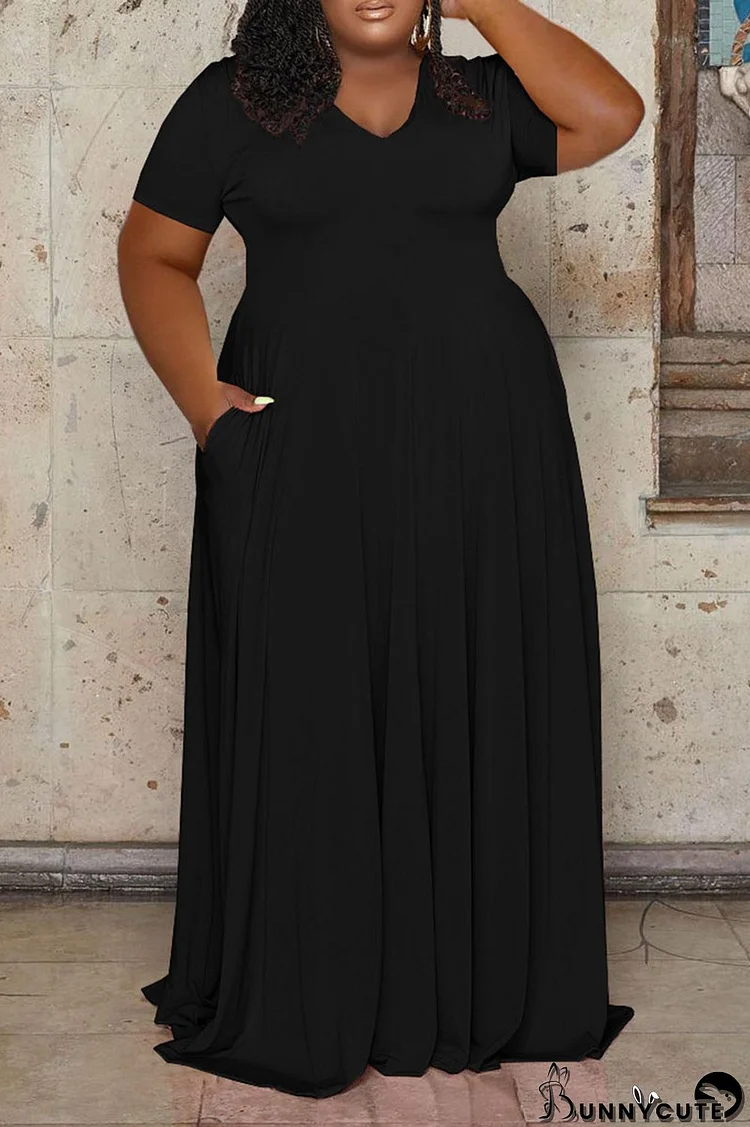 Black Casual Solid Patchwork V Neck Straight Plus Size Dresses