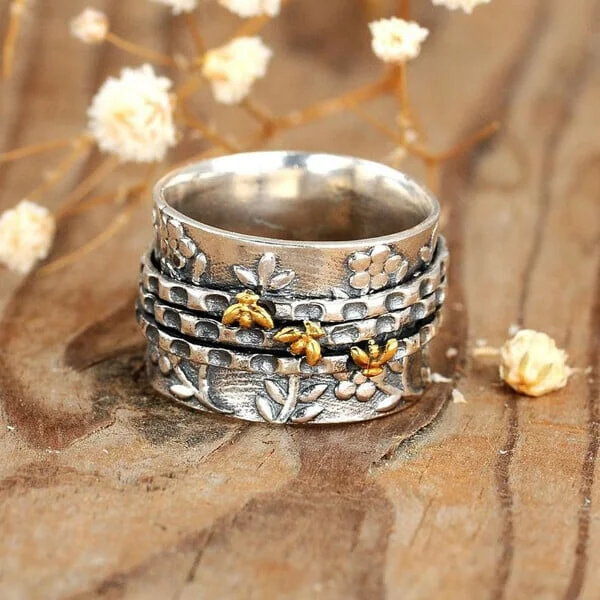🐝Sterling Silver Flower Bee Wide Band Ring🌼