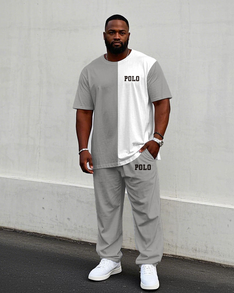 Men's Plus Size Grey & White Casual Print Short Sleeve T-Shirt Trousers Suit