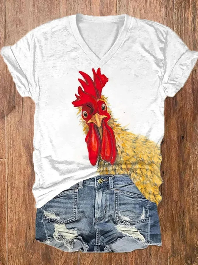 Women's Funny Rooster Print Casual V-Neck Tee