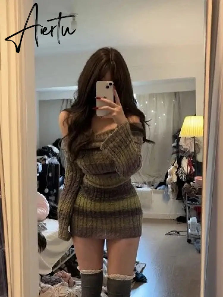 Winter Slim Stripe Knitted Dress Women Vintage Sweater Party Mini Dress Female Korean Fashion Elegant One Piece Dress New Aiertu