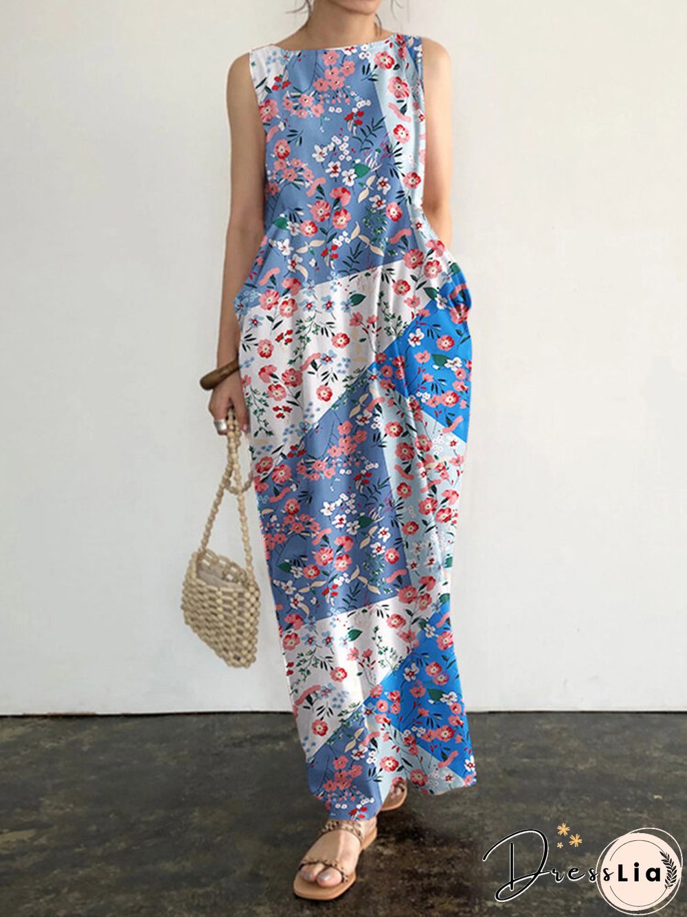 Floral Print Pocket Sleeveless Round Neck Maxi Dress