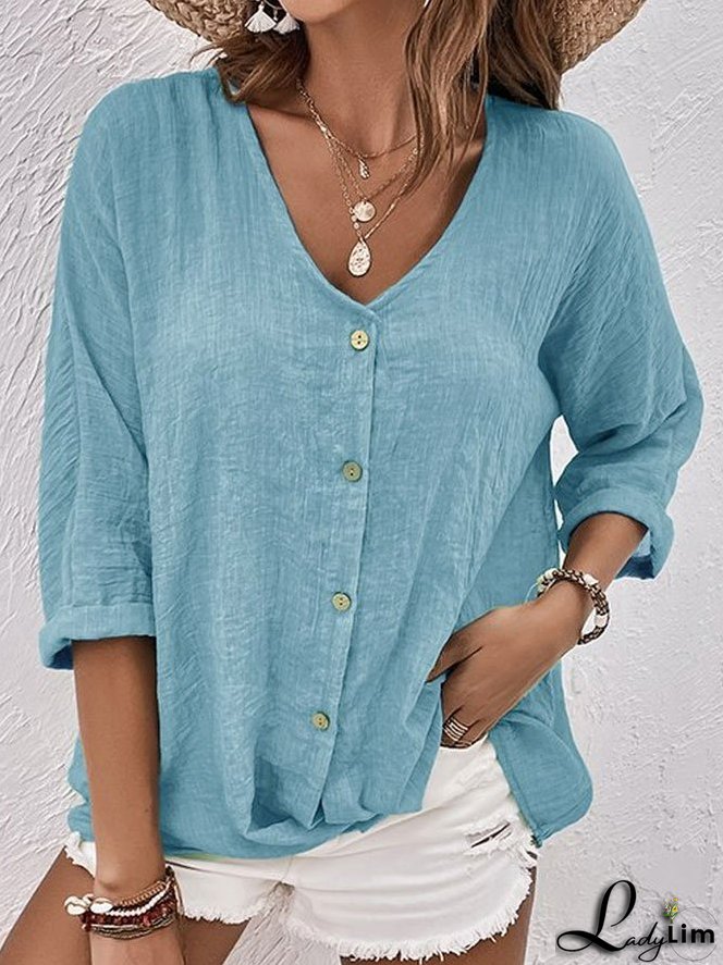 Blue linen V-neck shirt