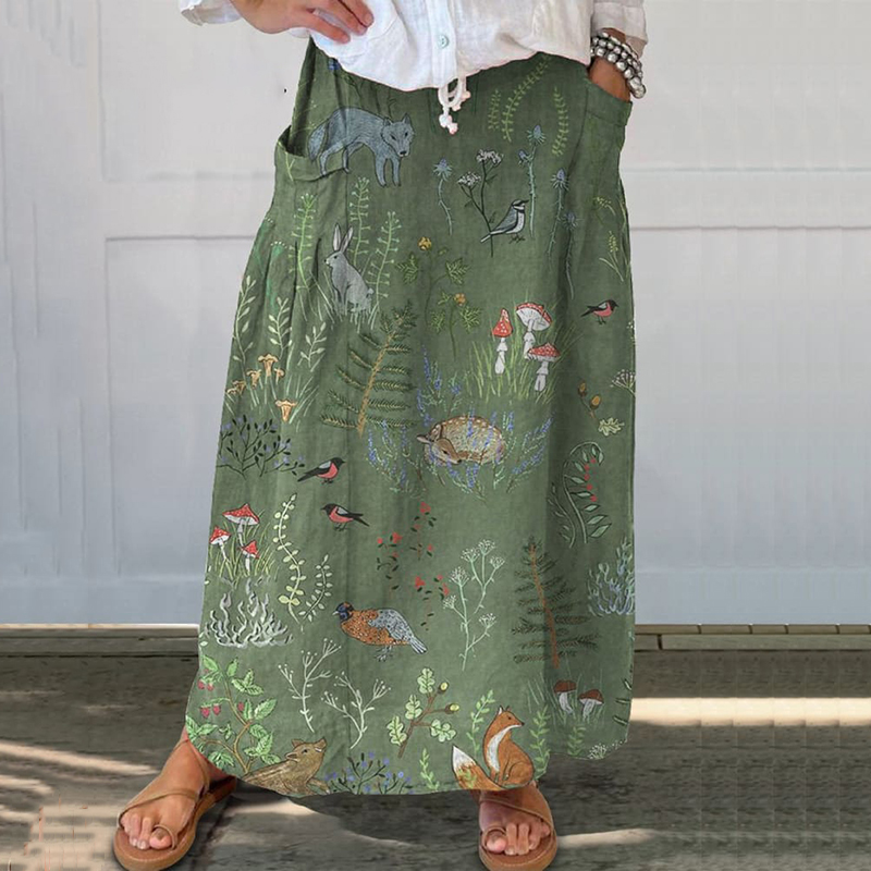Comstylish Women's Floral Animal Print Linen Pocket Skirt