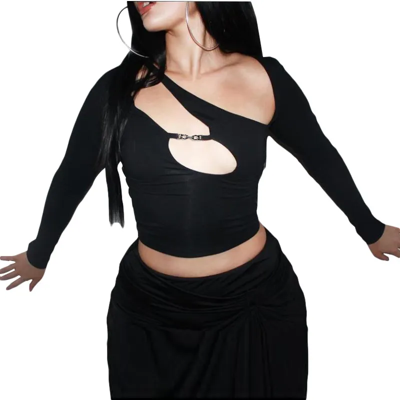 Hollow Out Crop Top Punk Tee Shirts For Women Asymmetrical Gothic Streetwear Spring Sexy