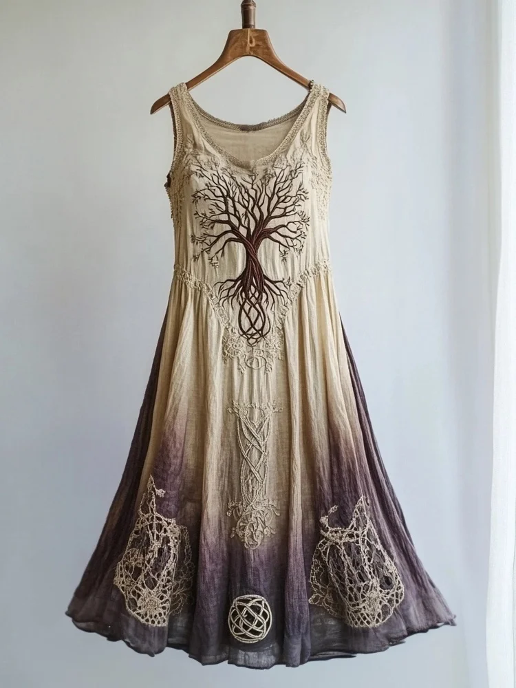 Viking Tree Of Life Embroidered Vintage Gradient Linen Dress