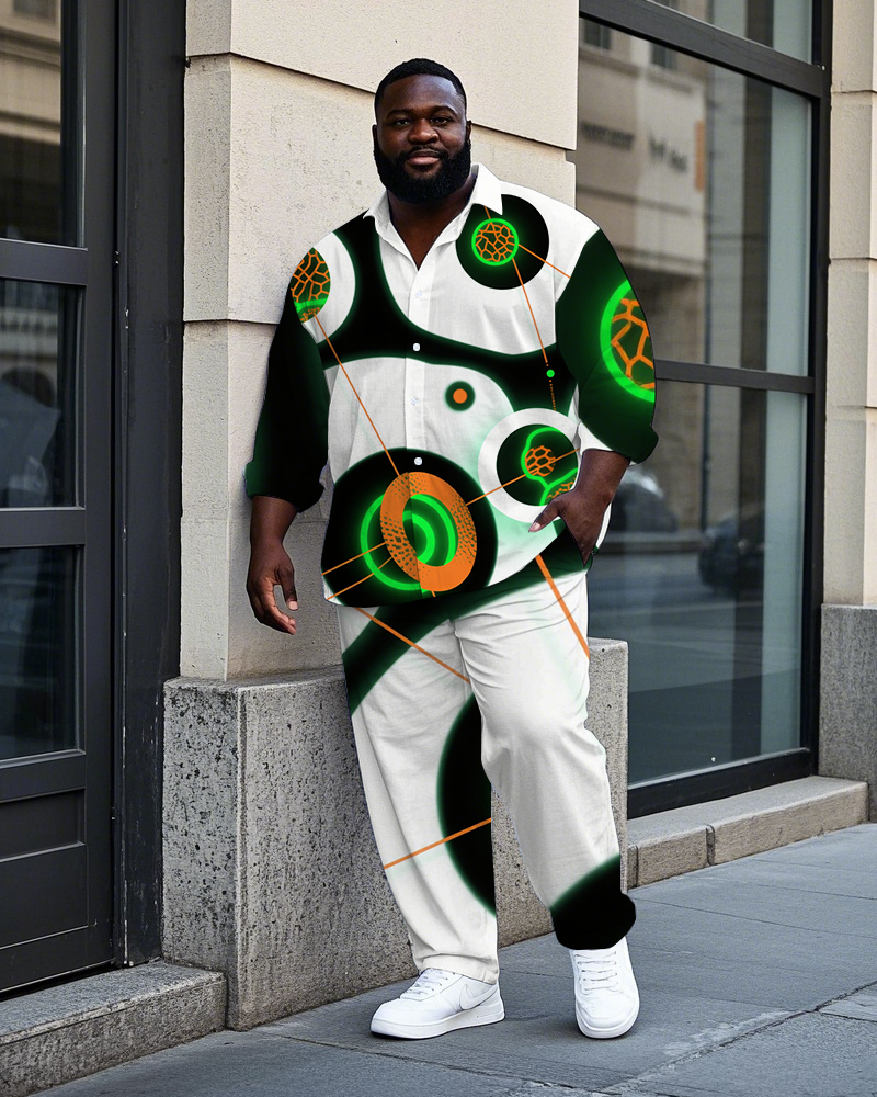 Big Men's Casual Abstract 3D Circle Printed Street Fashion Long Sleeve Shirt Pants Set