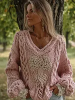 Vintage Pink Tree Of Life V Neck Cozy Cable Knit Sweater