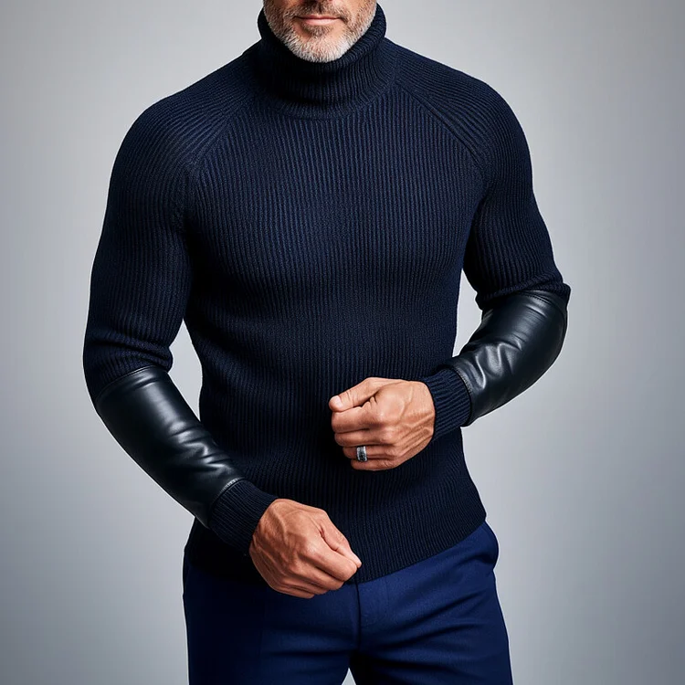 Men's Knitted Leather Patchwork Warm Sweater-inspireuse