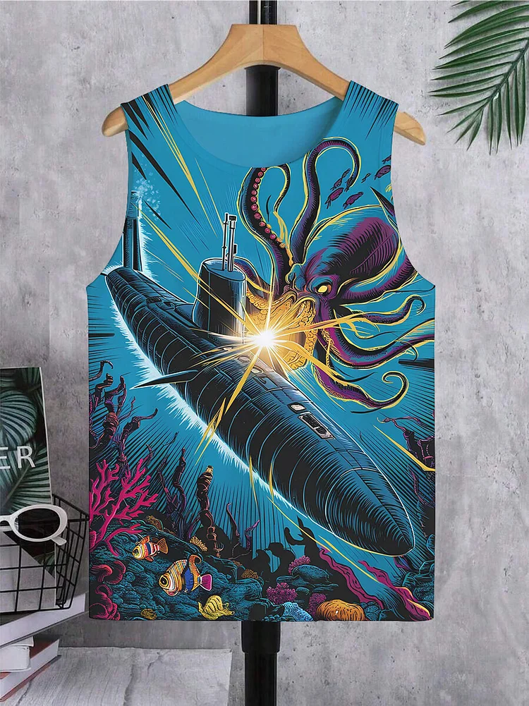 Men's Cthulhu Octopus Destroys Submarine Art Print Tank Top