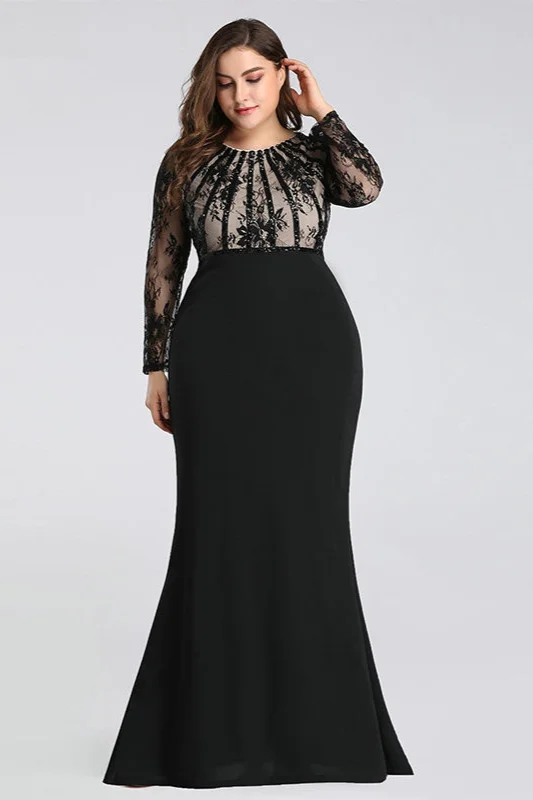 Chic Black Lace Long Sleeve Evening Gowns Mermaid Plus Size Prom Dress Online - lulusllly