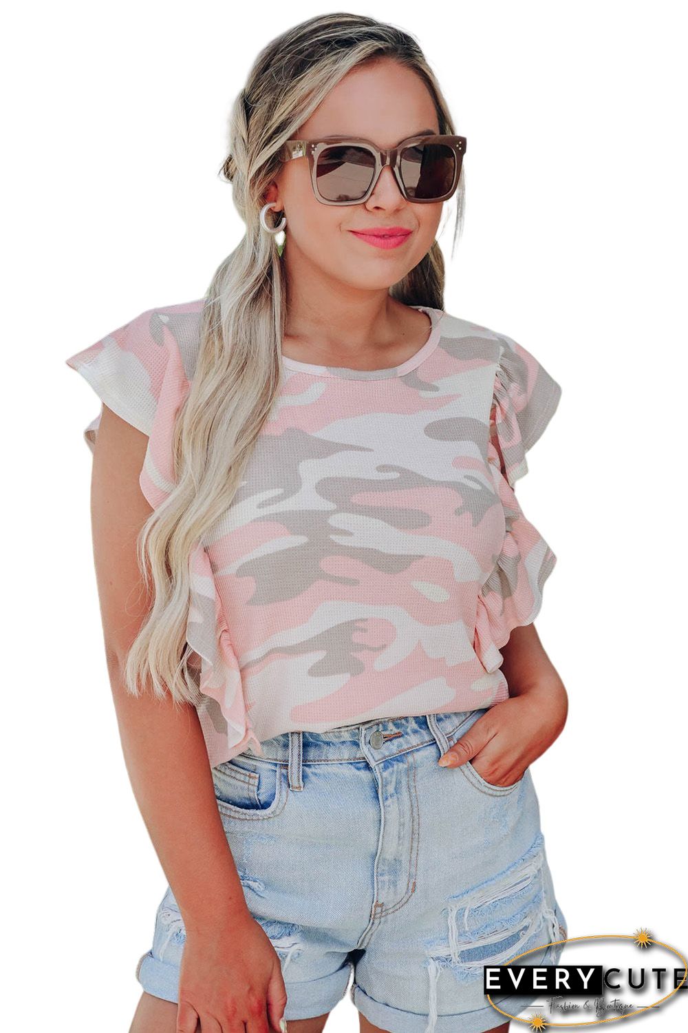 White Camo Print Ruffle Trim Tank Top