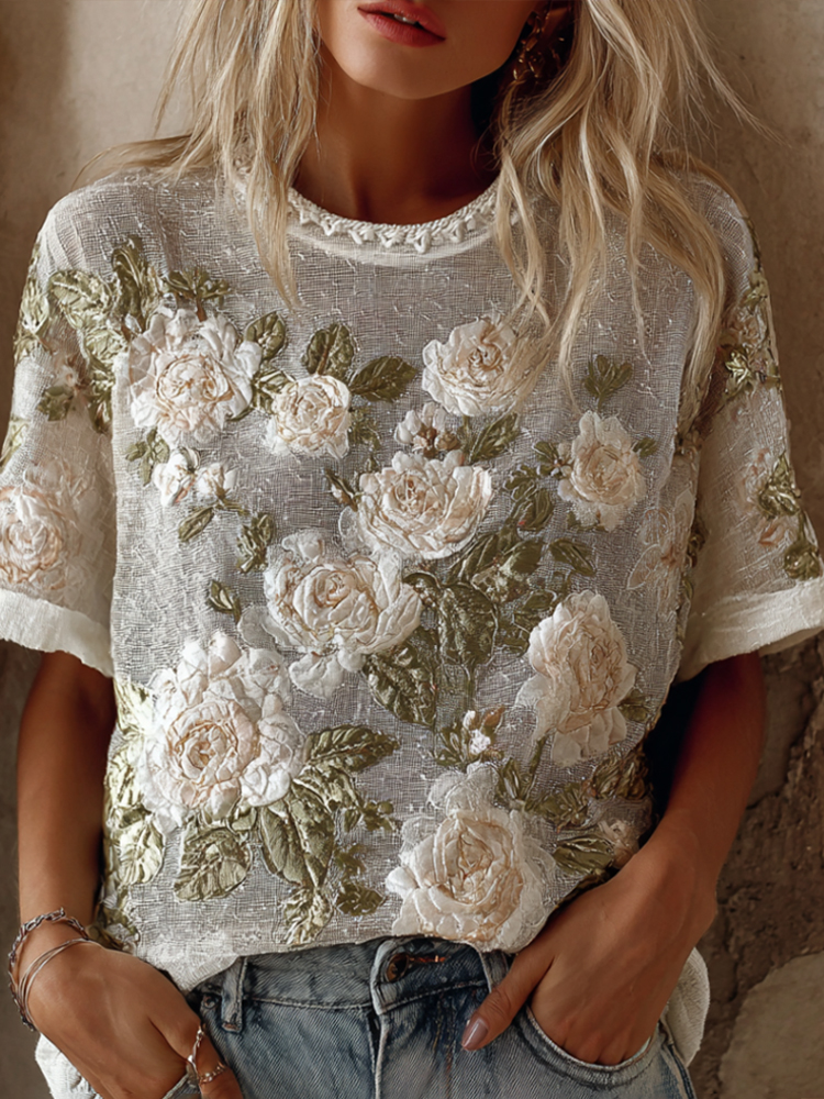 Vintage Romantic Embroidered Rose Art Embroidery Cotton Linen Casual Short Sleeve Top elevenforest