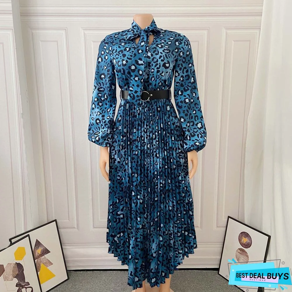 Long Sleeve Printed V-Neck Pleated Dress