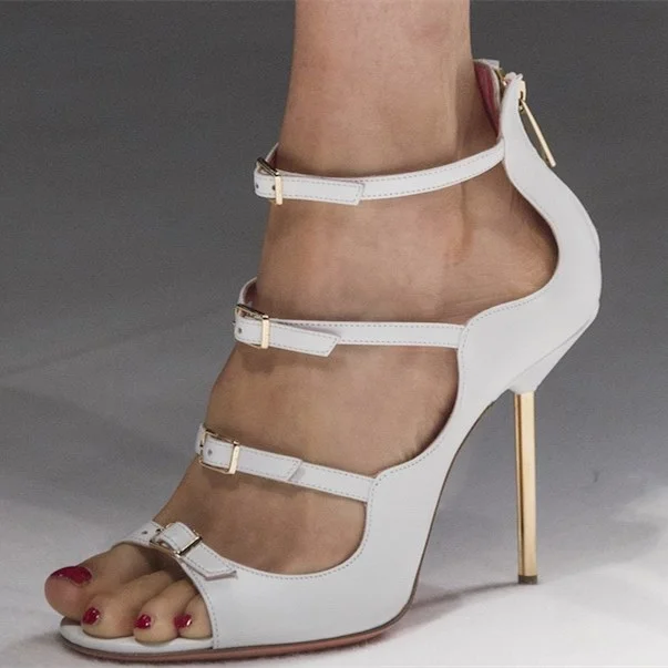 White Open Toe High Heel Sandals with Buckle Vdcoo