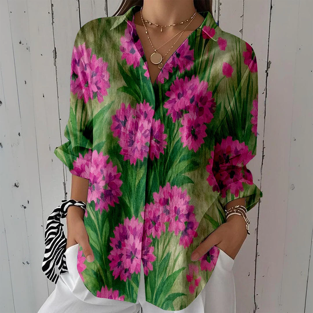 Style & Comfort for Mature Women Women Floral, Red, Green DZCL0212 3/4 Sleeve Shirt Collar Printed Button Tops