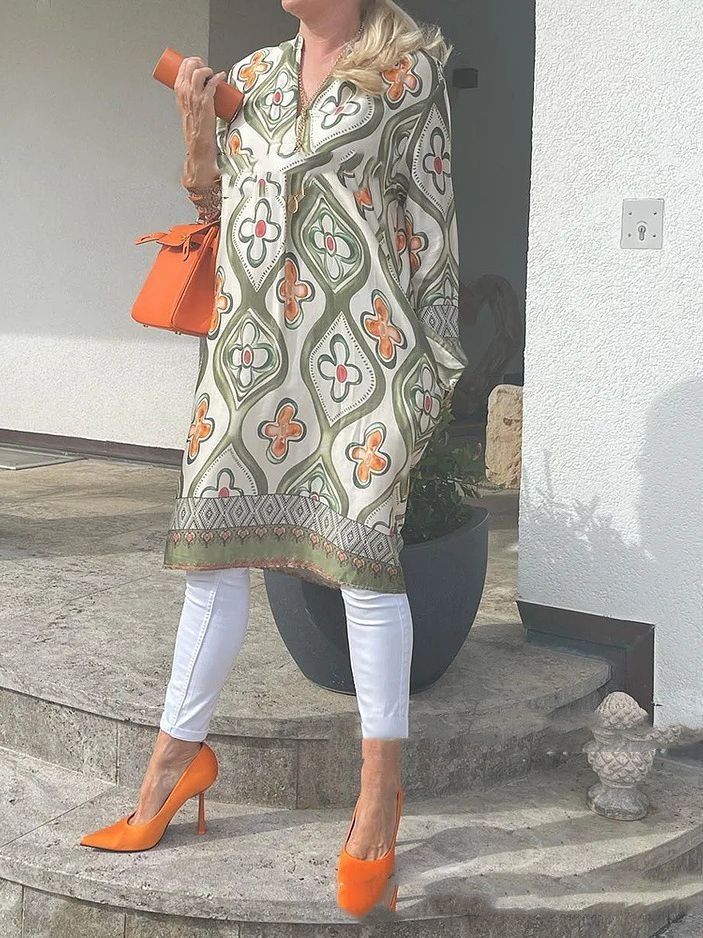 Older Women V-neck Printed Casual Loose Plus Size Dress