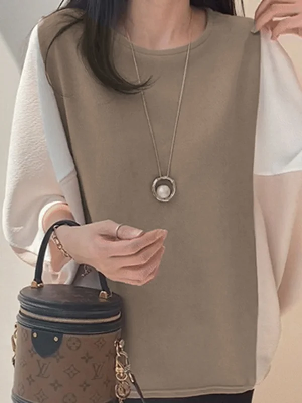 Batwing Sleeves Half Sleeves Contrast Color Round-Neck Blouses&Shirts Tops
