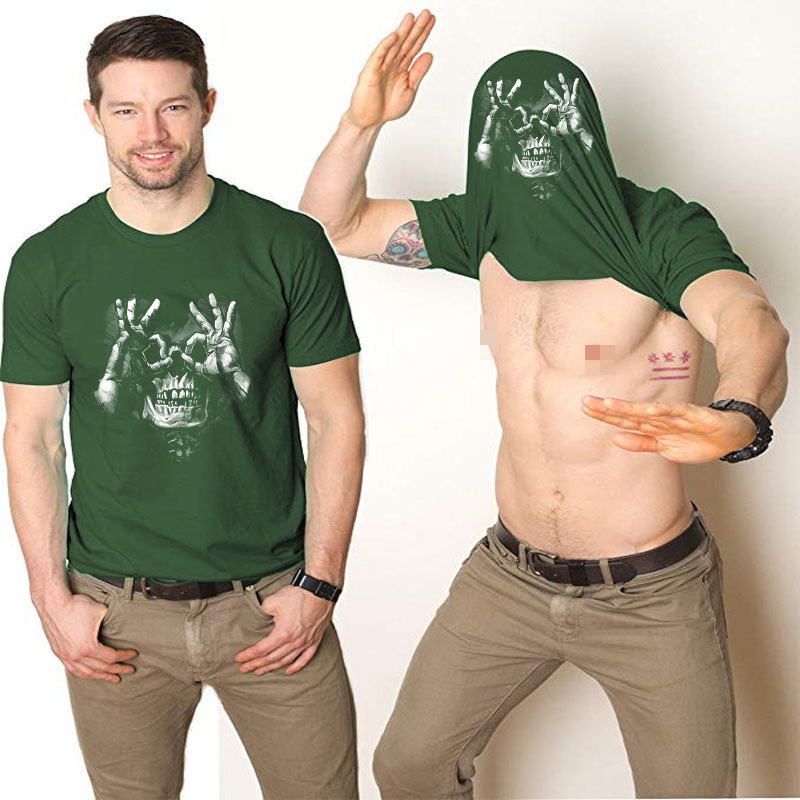 Skull with OK Pattern Graphic Double-Print Flip T-shirt