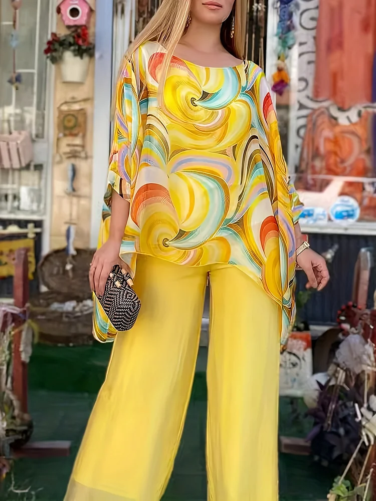2025 Summer New Colorful Chiffon Set Casual Round Neck Print Two-Piece