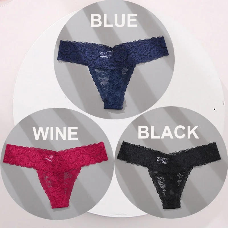 FINETOO 3PCS/Set M-XL G-string Thong Panties for Woman Sexy Lace Floral Underwear Transparent Women's Underpants Female Lingerie