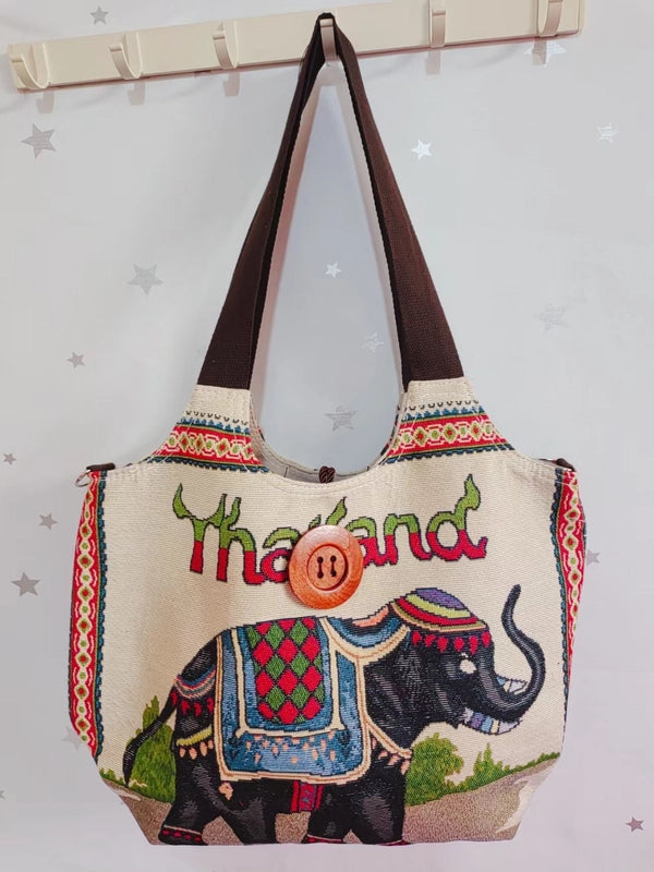 Women’s Large Canvas Elephant Ethnic Style Square Zipper Shoulder Bag