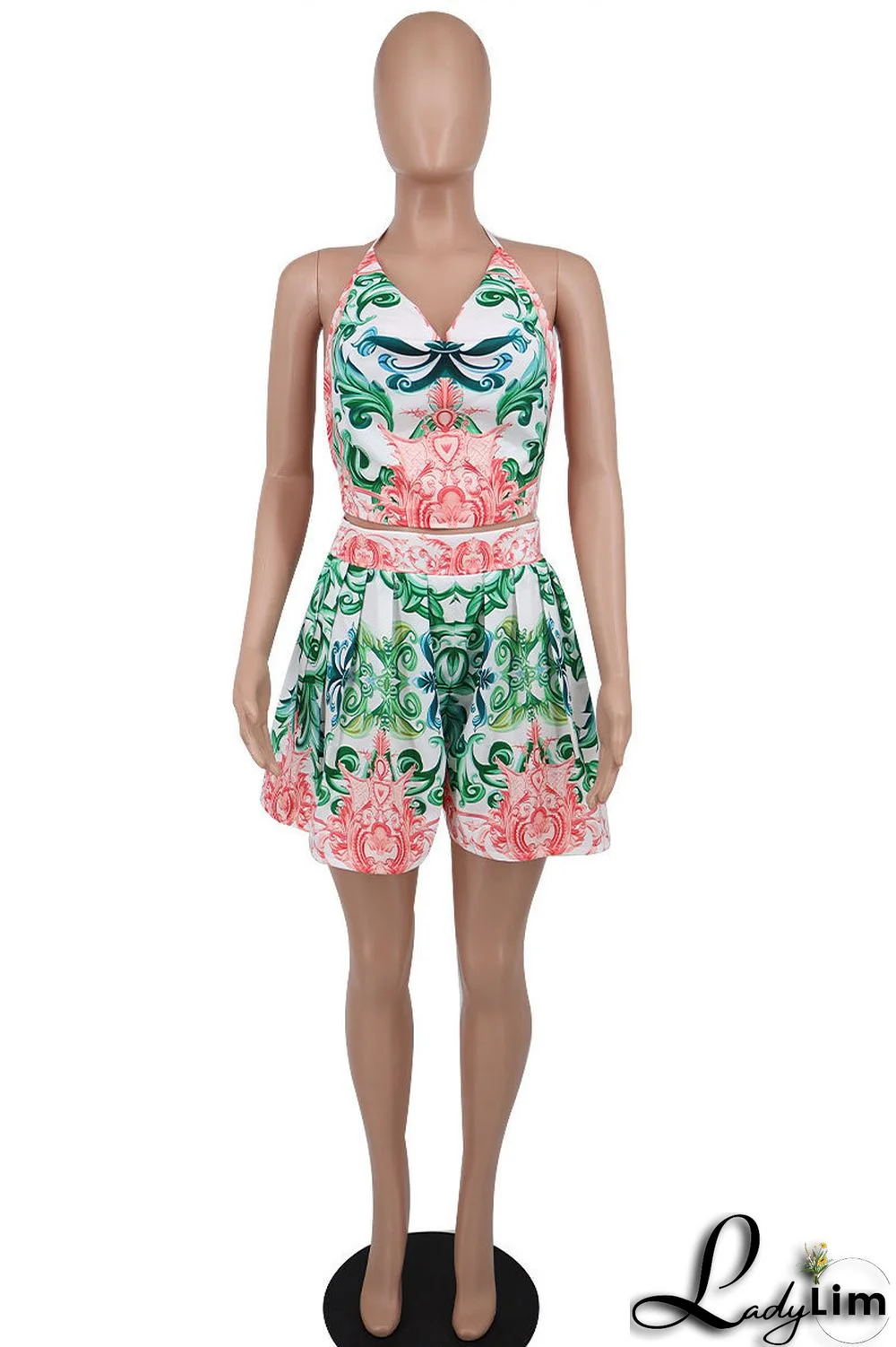 Blue Fashion Sexy Print Bandage Backless Halter Sleeveless Two Pieces